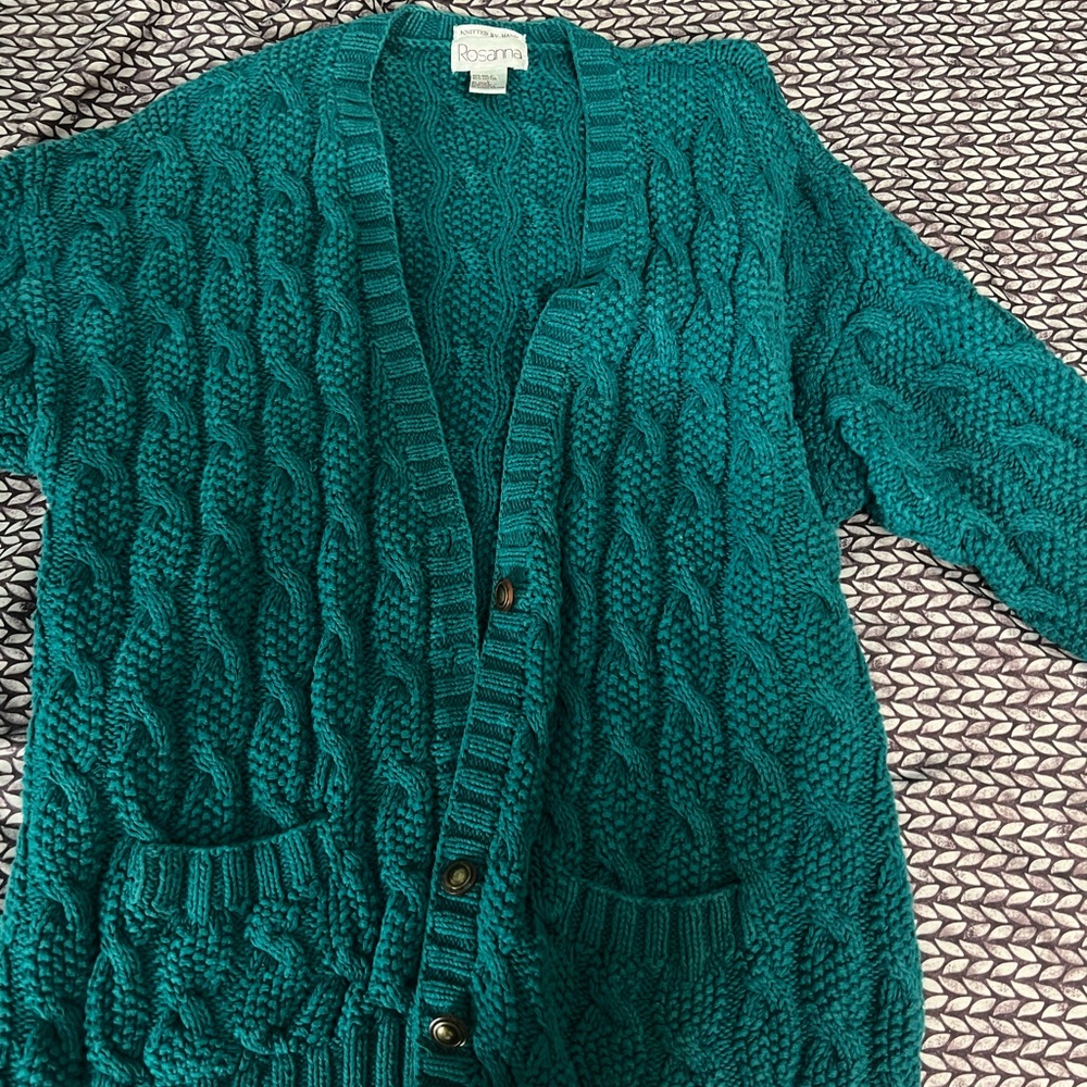 Vintage hand knitted teal cardigan